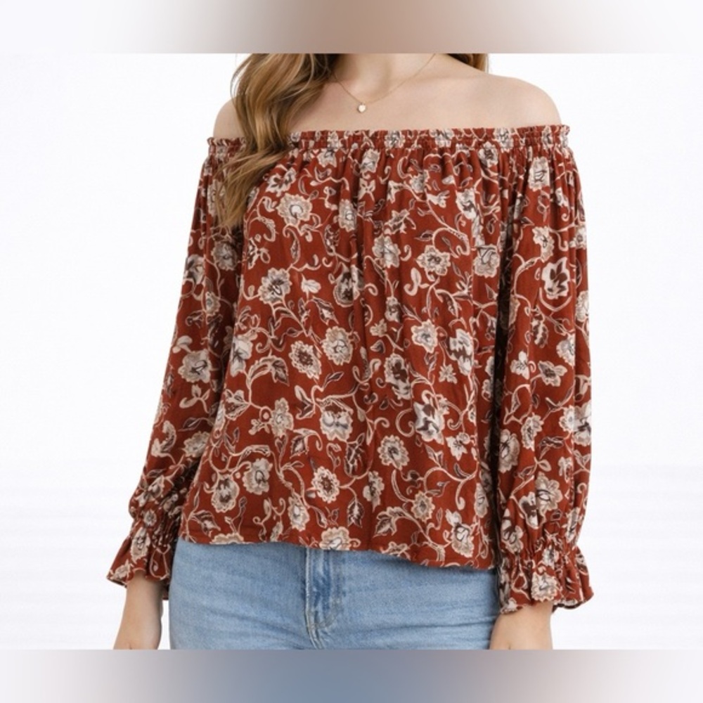 CeCe Women’s Off-Shoulder Floral Peasant Blouse – Orange & Cream Boho Top